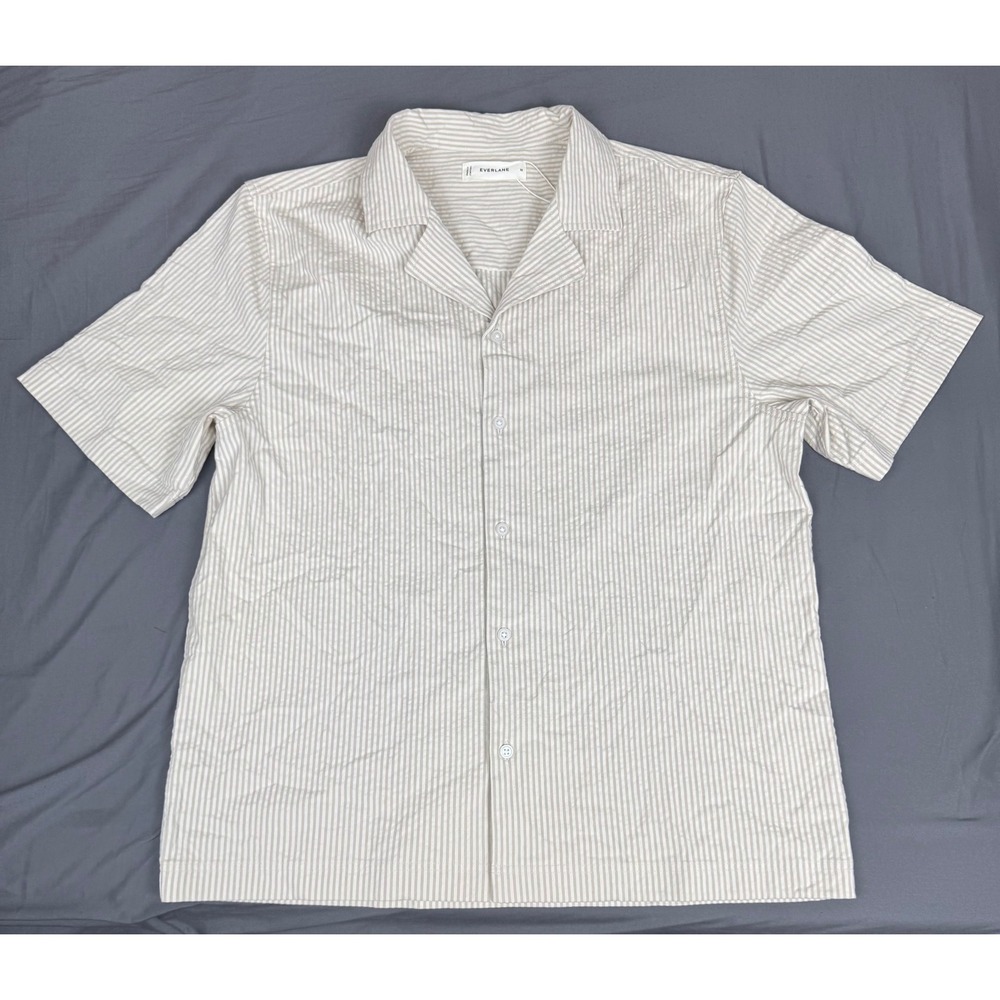 Everlane Mens M Seersucker Button Up Shirt Off-White Brown Stripe Resort Casual